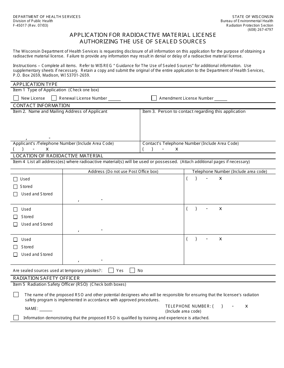 Form F-45017 Application for Radioactive Material License Authorizing the Use of Sealed Sources - Wisconsin, Page 1