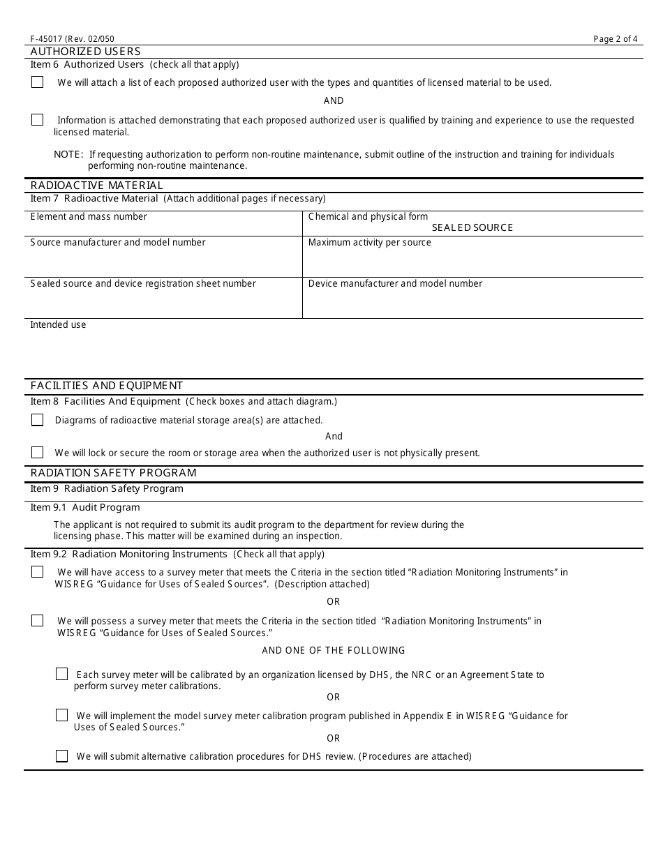 Form F-45017 Application for Radioactive Material License Authorizing the Use of Sealed Sources - Wisconsin, Page 2