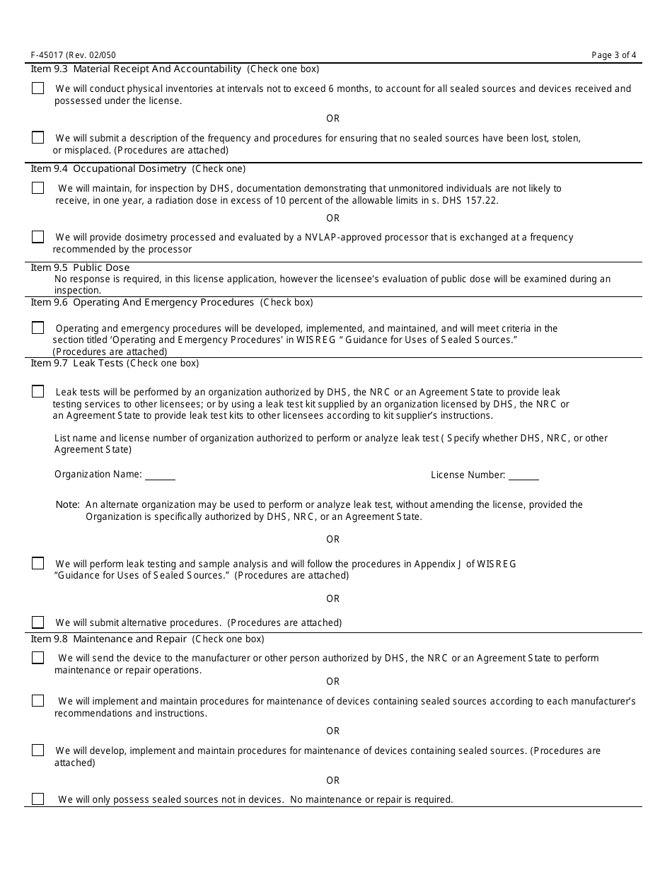 Form F-45017 Application for Radioactive Material License Authorizing the Use of Sealed Sources - Wisconsin, Page 3