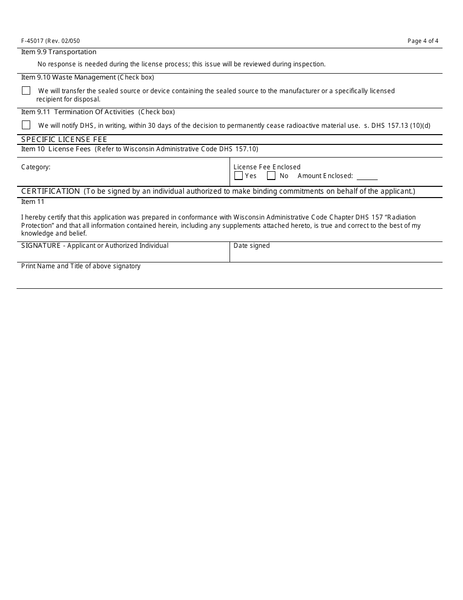 Form F-45017 Application for Radioactive Material License Authorizing the Use of Sealed Sources - Wisconsin, Page 4