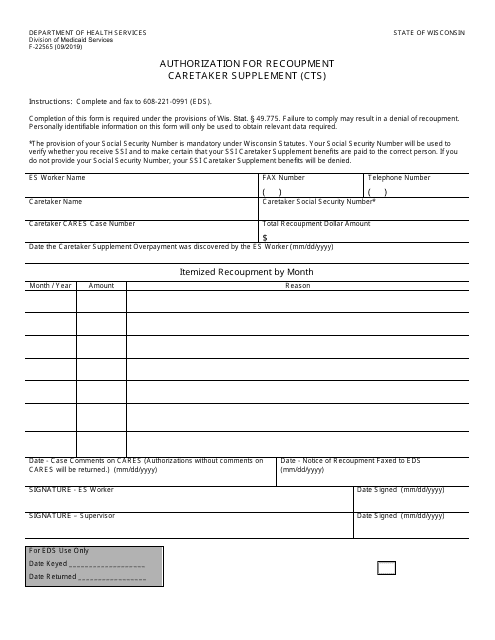 Form F-22565 Authorization for Recoupment Caretaker Supplement (Cts) - Wisconsin