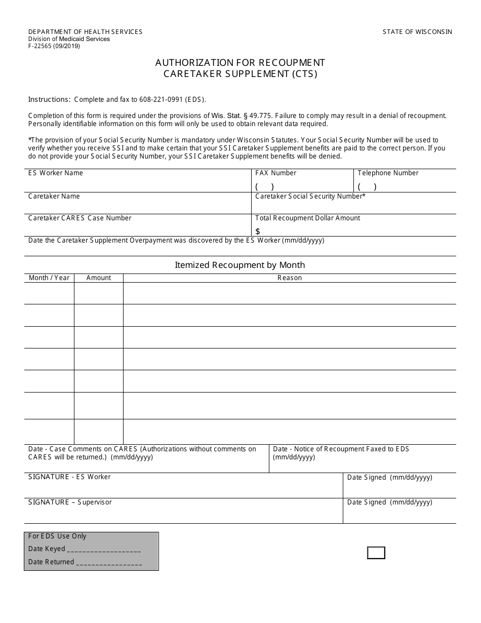 Form F-22565 Authorization for Recoupment Caretaker Supplement (Cts) - Wisconsin, Page 1