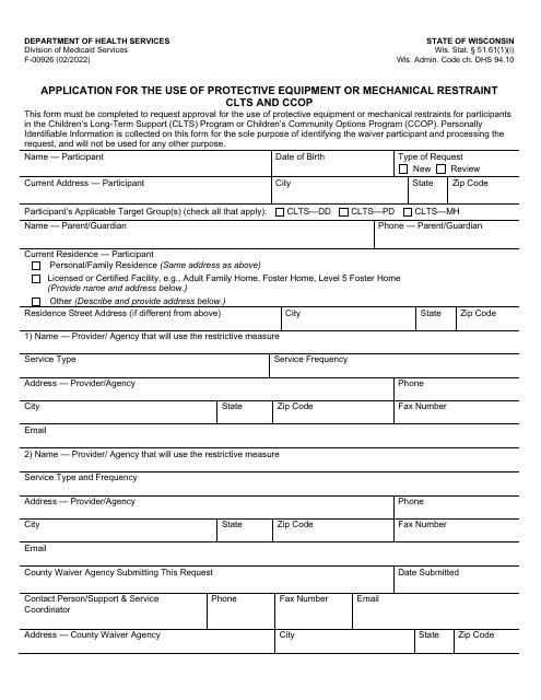 Form F-00926 Application for the Use of Protective Equipment or Mechanical Restraint Clts and Ccop - Wisconsin