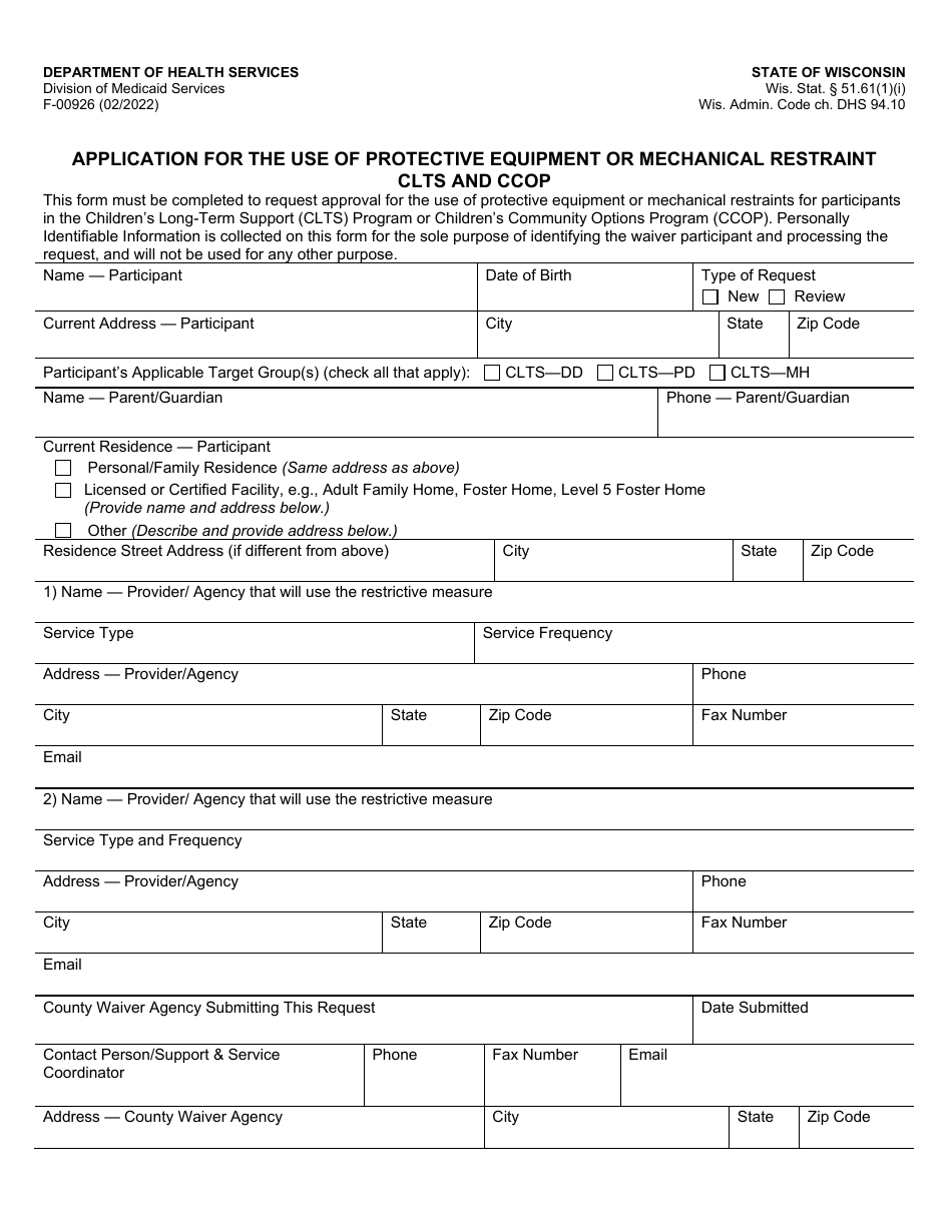 Form F-00926 Application for the Use of Protective Equipment or Mechanical Restraint Clts and Ccop - Wisconsin, Page 1