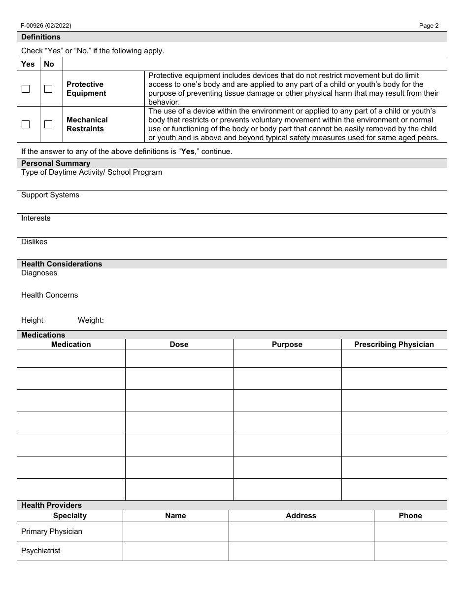 Form F-00926 Application for the Use of Protective Equipment or Mechanical Restraint Clts and Ccop - Wisconsin, Page 2