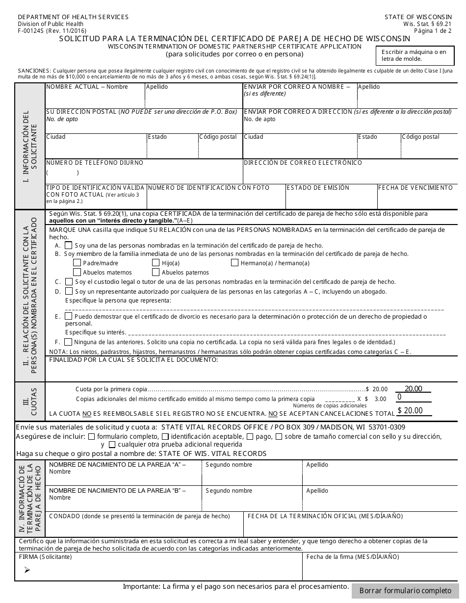 Formulario F-00124 Solicitud Para La Terminacion Del Certificado De Pareja De Hecho De Wisconsin - Wisconsin (Spanish), Page 1