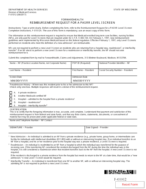 Form F-01012 Reimbursement Request for a Pasrr Level I Screen - Wisconsin
