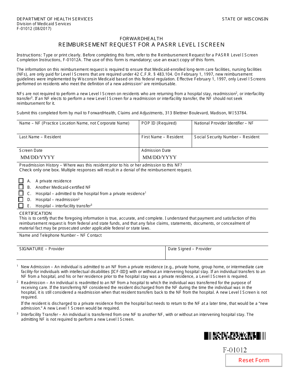 Form F-01012 Reimbursement Request for a Pasrr Level I Screen - Wisconsin, Page 1