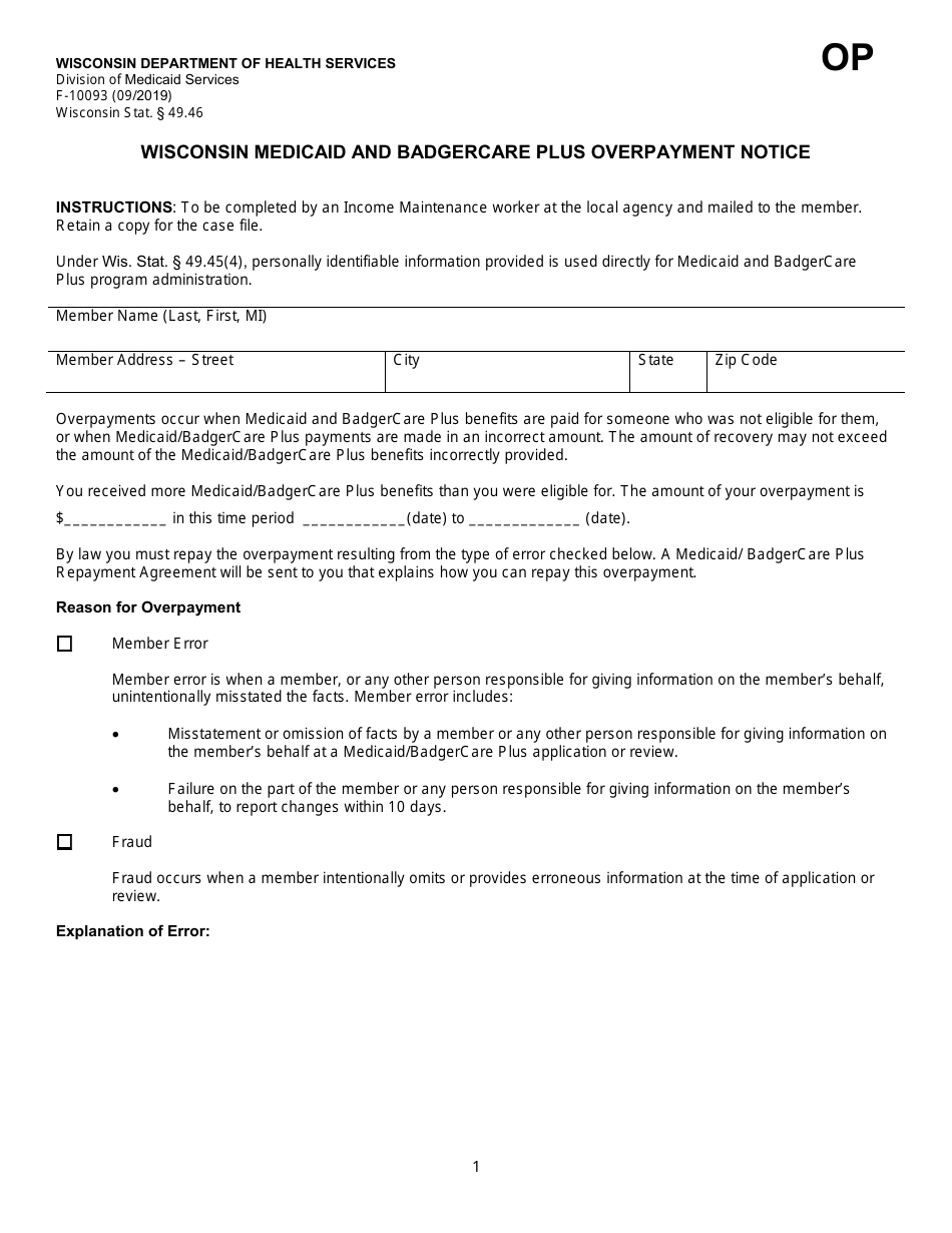 Form F-10093 Wisconsin Medicaid and Badgercare Plus Overpayment Notice - Wisconsin, Page 1