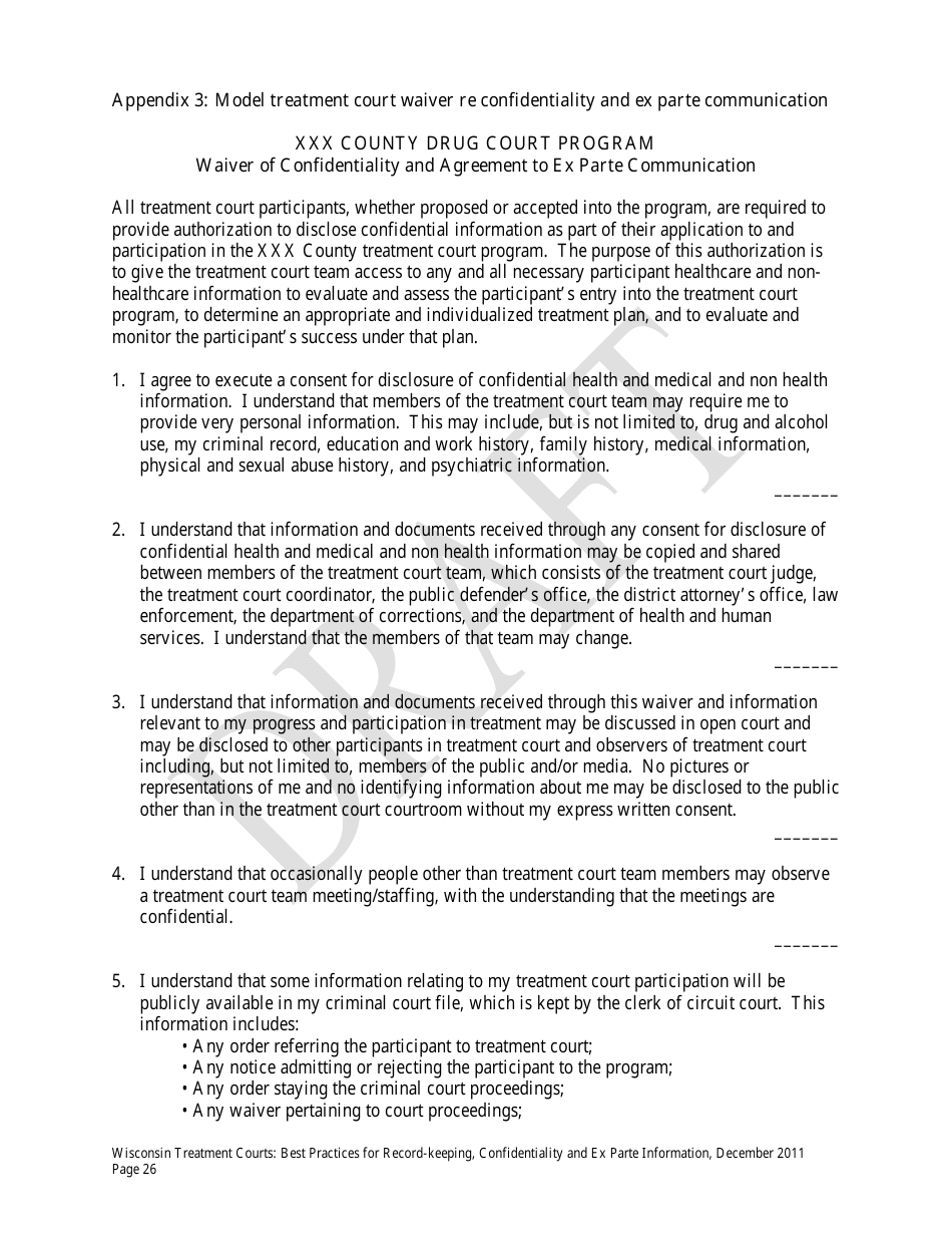 Appendix 3 Model Treatment Court Waiver Re Confidentiality and Ex Parte Communication - Draft - Wisconsin, Page 1