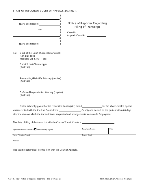 Form CA-135 Notice of Reporter Regarding Filing of Transcript - Wisconsin