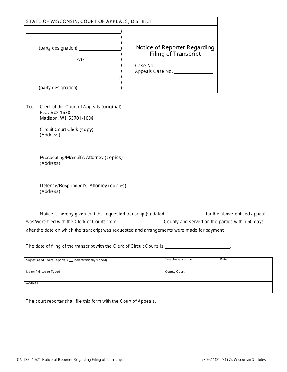 Form CA-135 Notice of Reporter Regarding Filing of Transcript - Wisconsin, Page 1