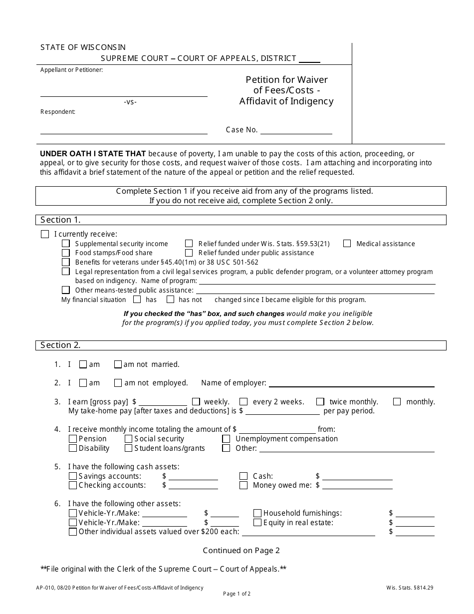 Form AP-010 Petition for Waiver of Fees / Costs - Affidavit of Indigency - Wisconsin, Page 1