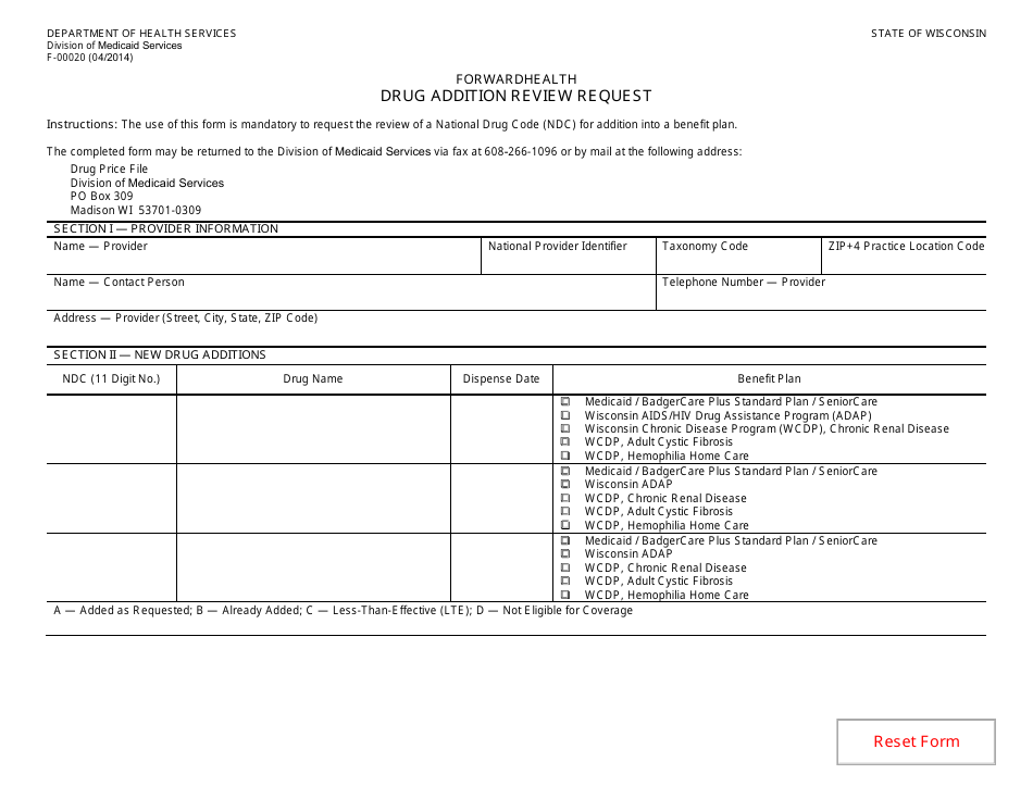 Form F-00020 Drug Addition Review Request - Wisconsin, Page 1