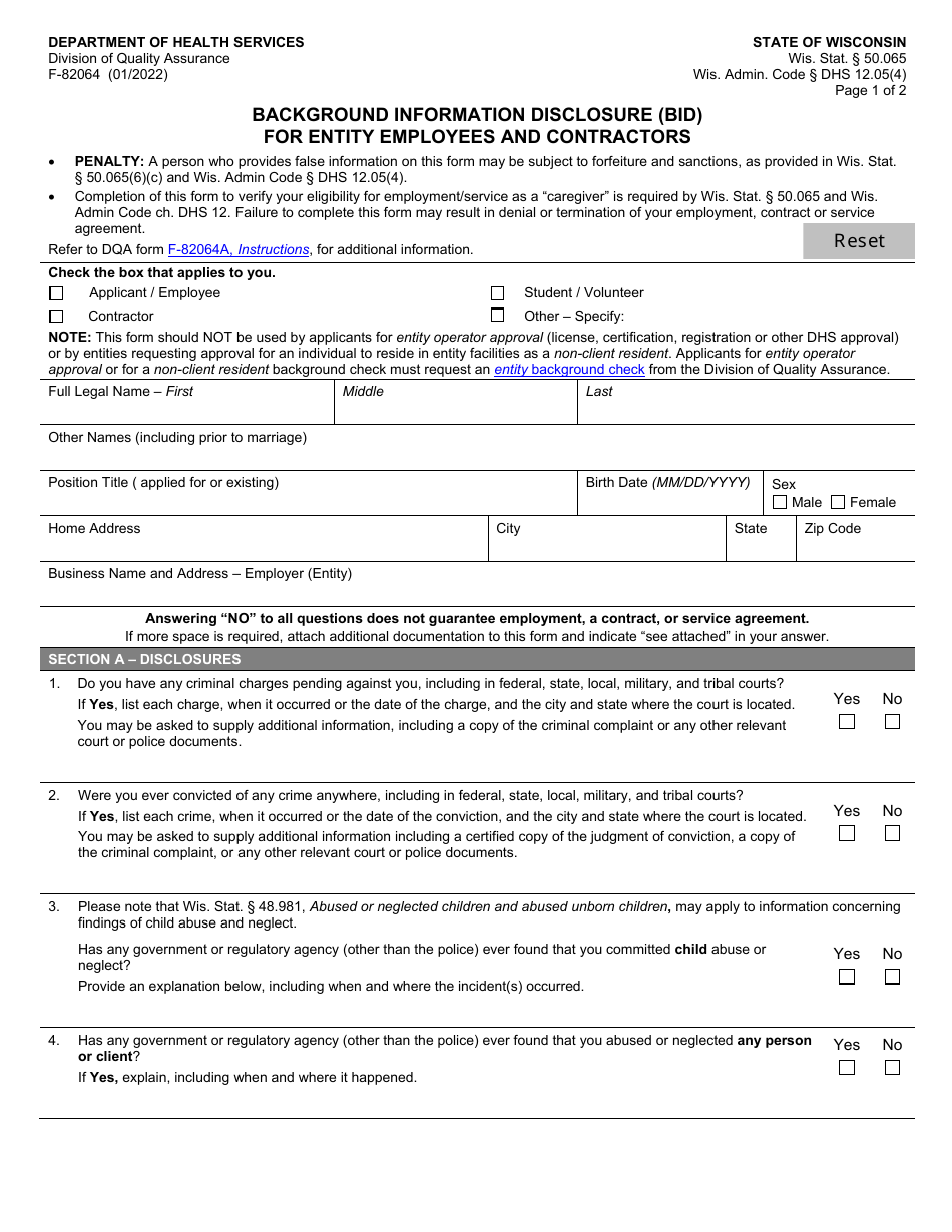 Form F-82064 Background Information Disclosure (Bid) for Entity Employees and Contractors - Wisconsin, Page 1