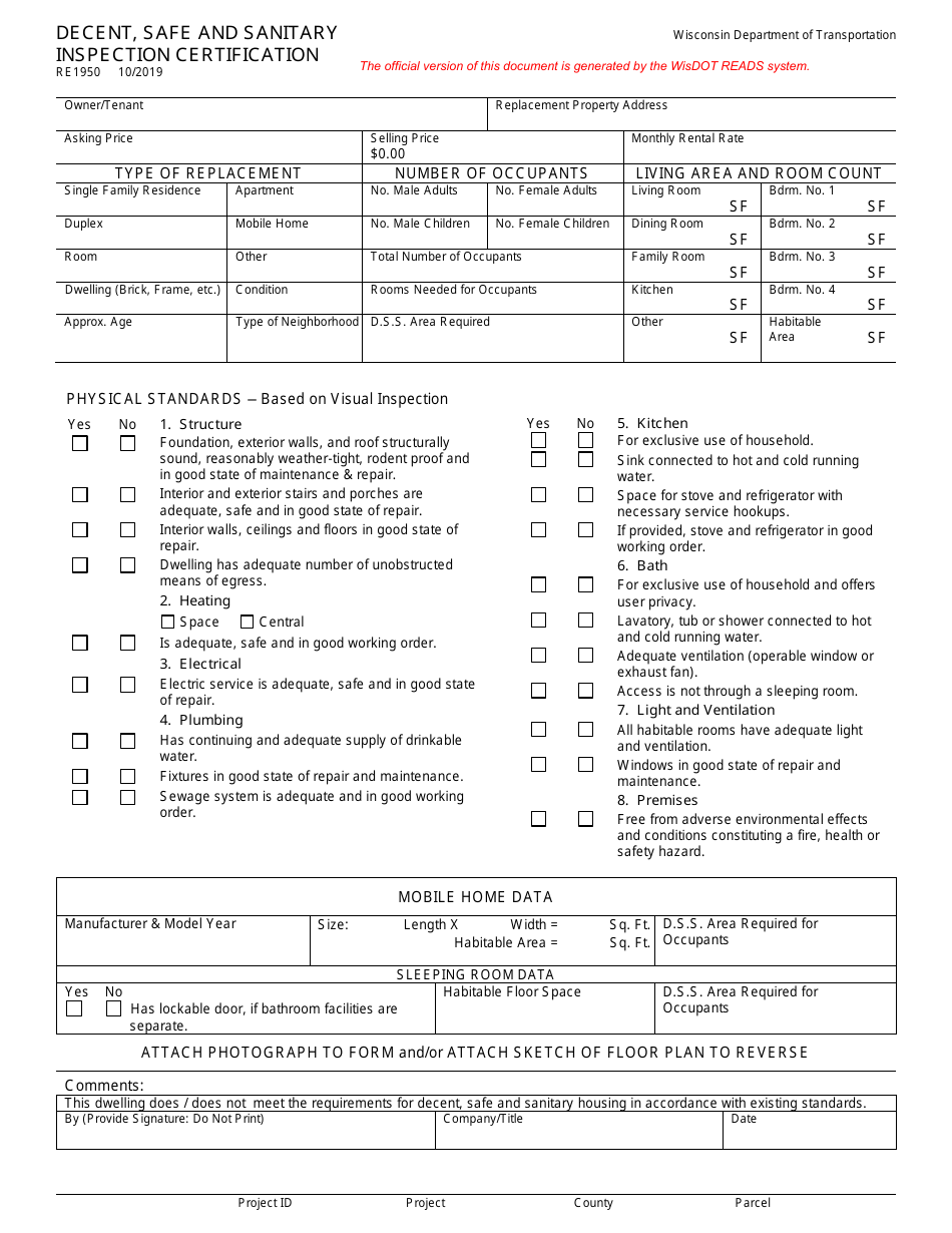 Form RE1950 Decent, Safe and Sanitary Inspection Certification - Wisconsin, Page 1