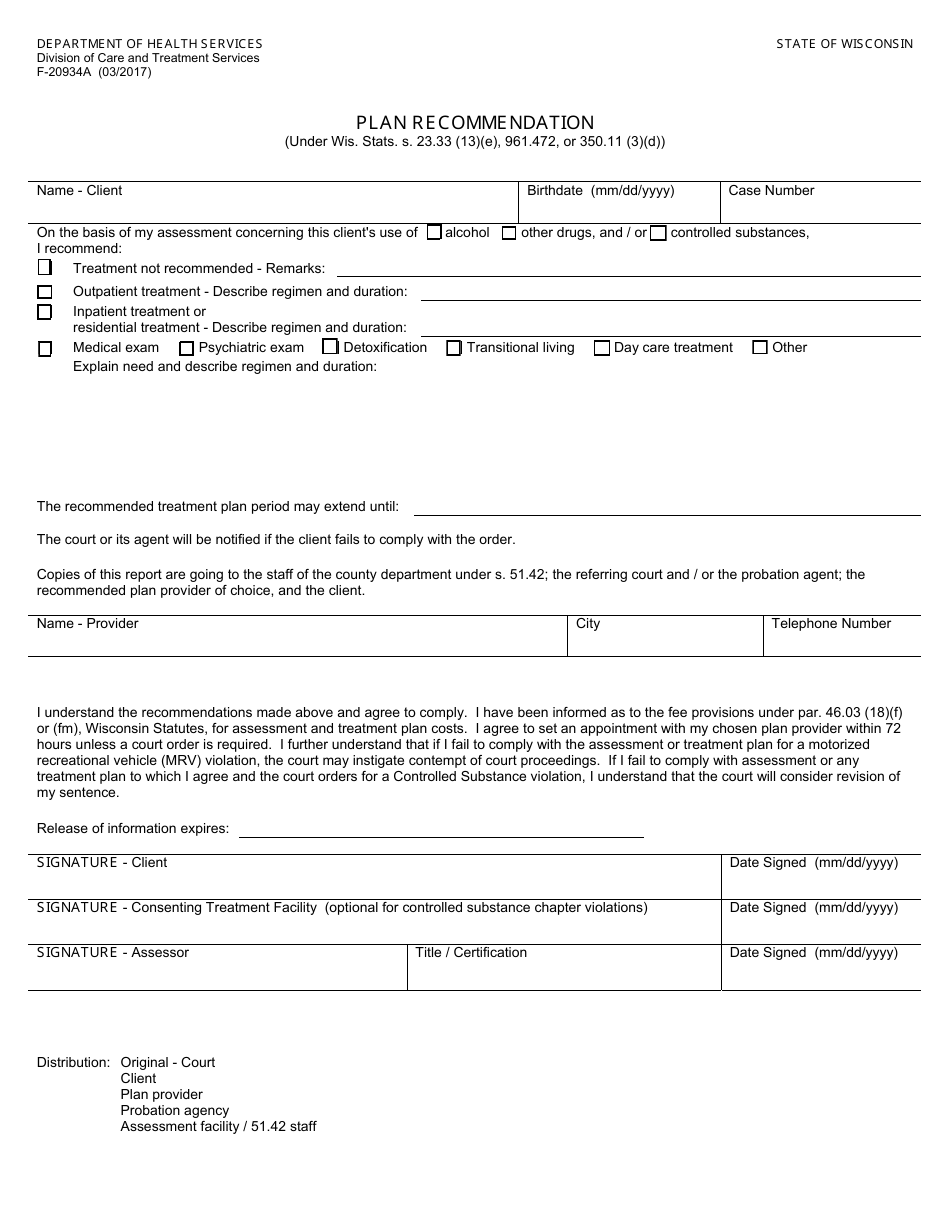 Form F-20934A Plan Recommendation - Wisconsin, Page 1