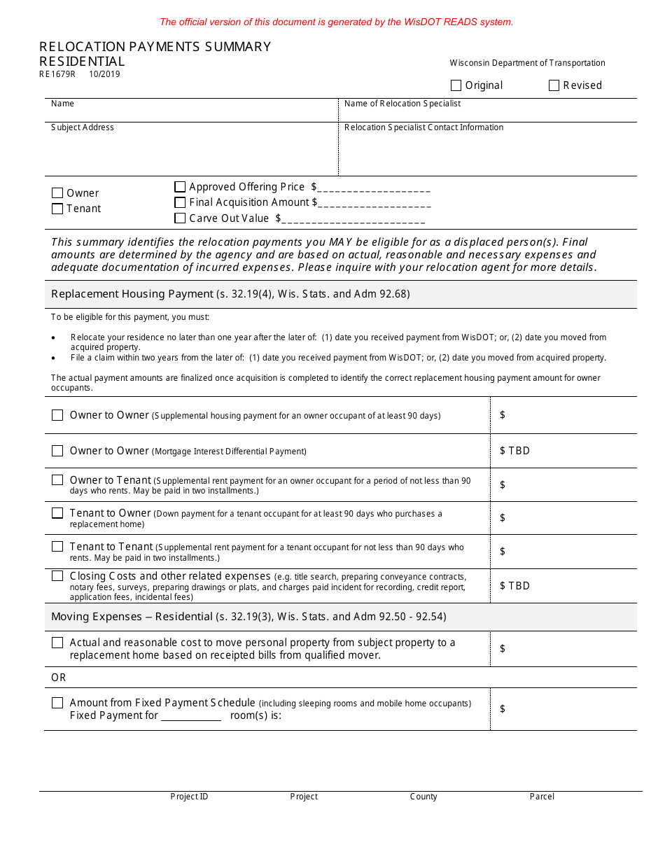 Form RE1679R Relocation Payments Summary - Residential - Wisconsin, Page 1