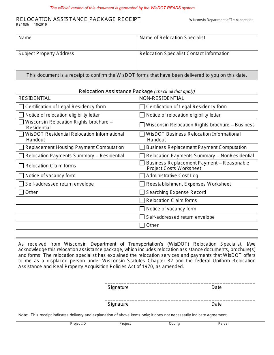 Form RE1036 Relocation Assistance Package Receipt - Wisconsin, Page 1