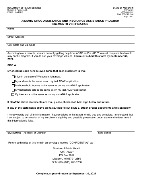 Form F-00851 Six-Month Verification - AIDS/HIV Drug Assistance and Insurance Assistance Program - Wisconsin