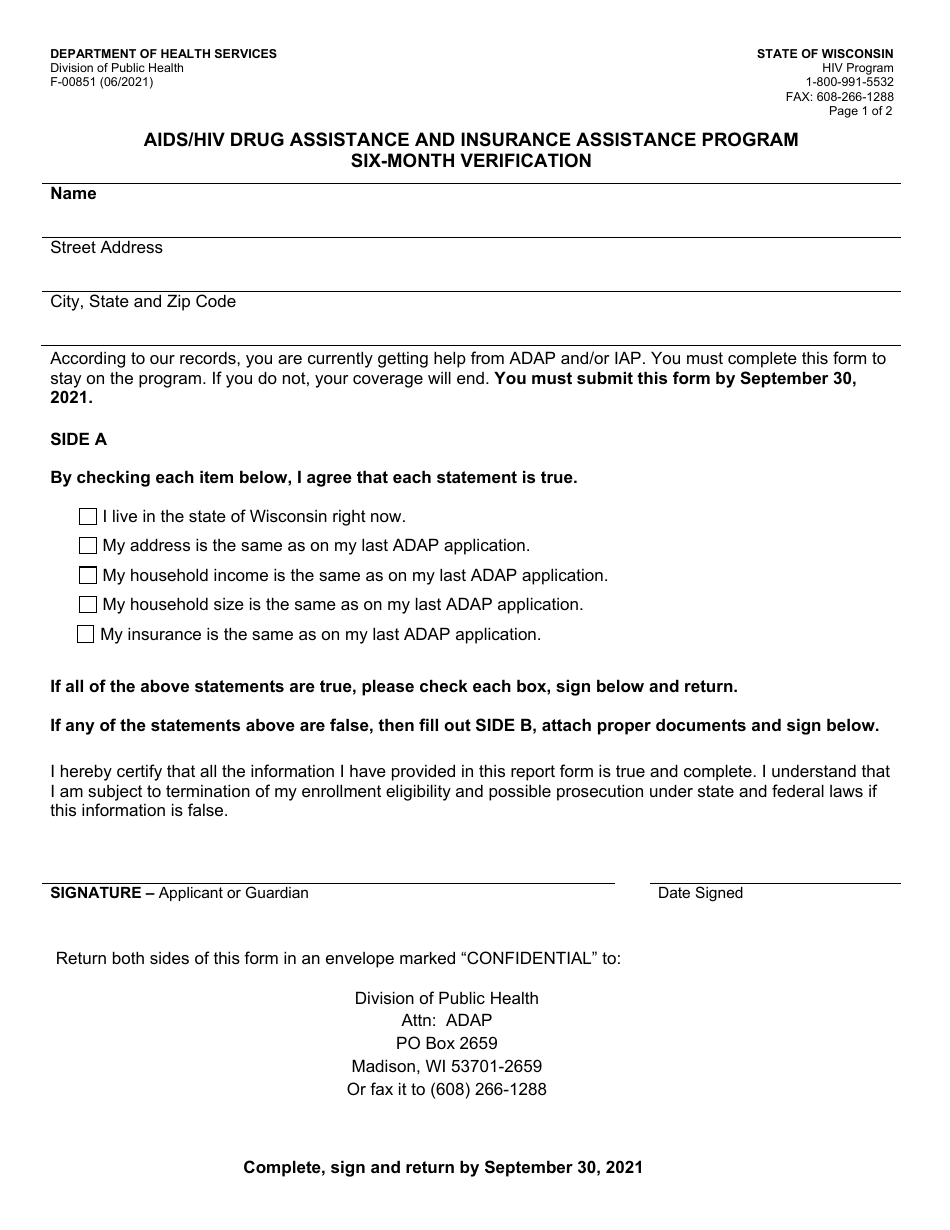 Form F-00851 Six-Month Verification - AIDS / HIV Drug Assistance and Insurance Assistance Program - Wisconsin, Page 1