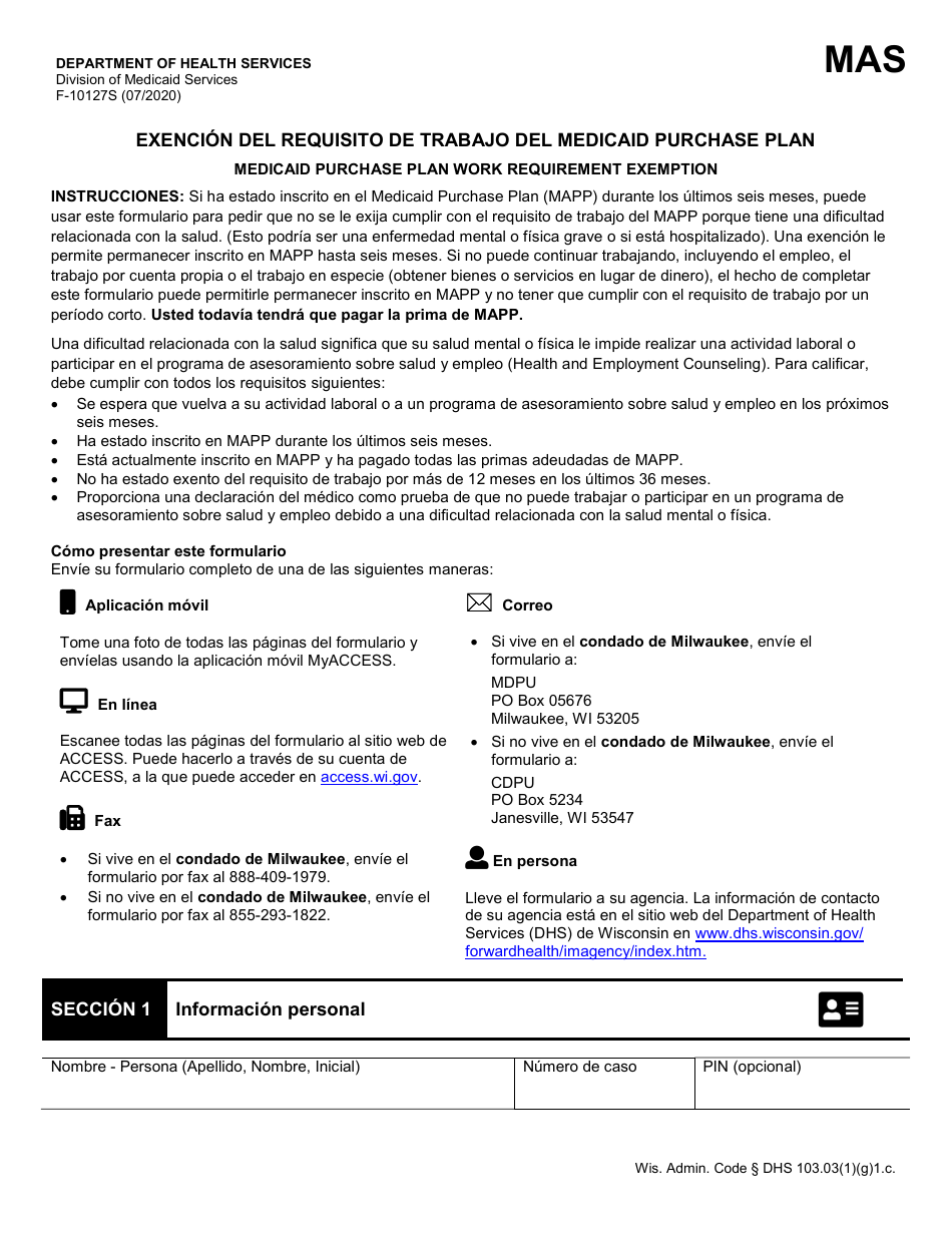 Formulario F-10127 Exencion Del Requisito De Trabajo Del Medicaid Purchase Plan - Wisconsin (Spanish), Page 1