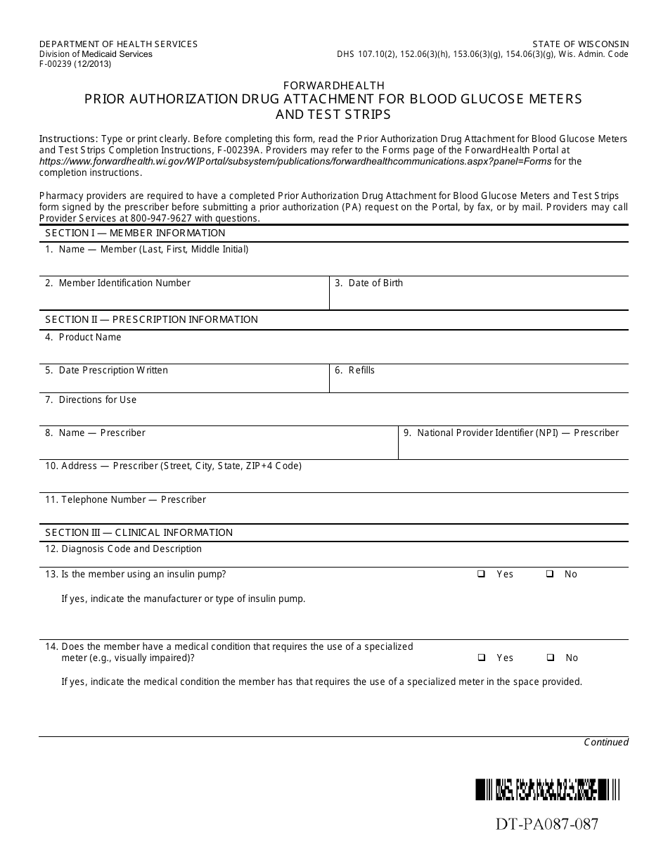 Form F-00239 Prior Authorization Drug Attachment for Blood Glucose Meters and Test Strips - Wisconsin, Page 1