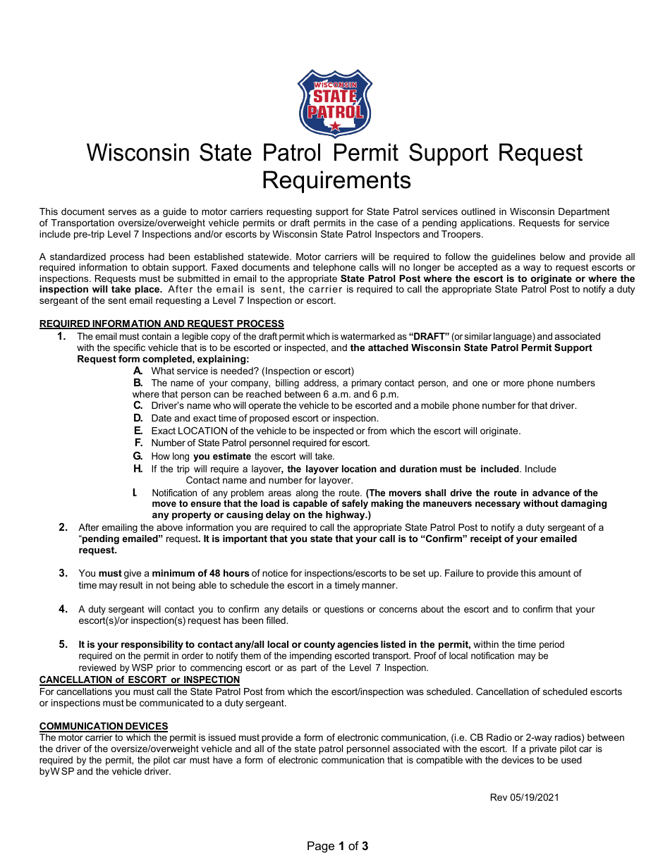 Wisconsin State Patrol Permit Support Request - Wisconsin, Page 1