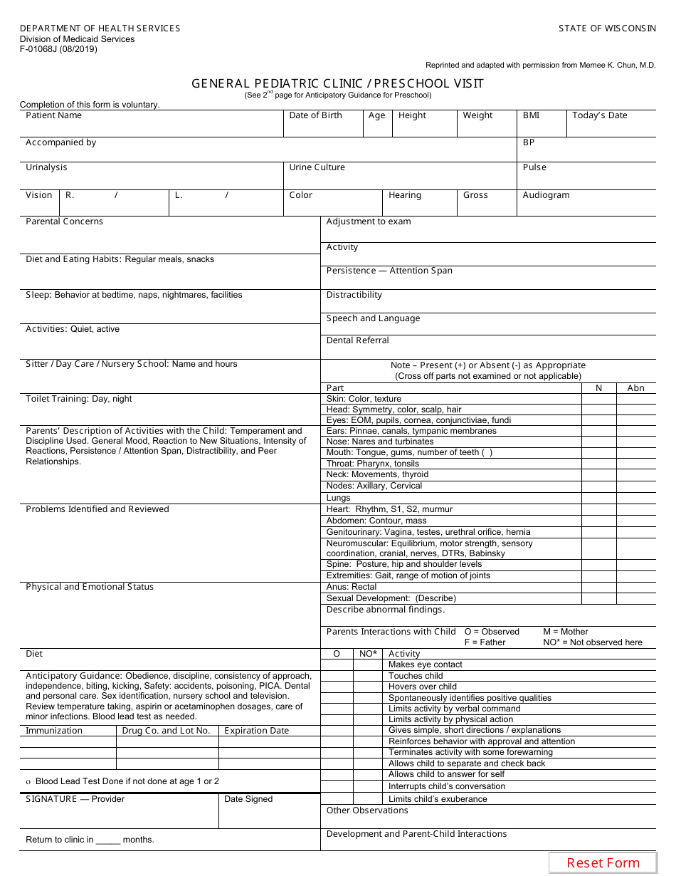 Form F-01068J General Pediatric Clinic / Preschool Visit - Wisconsin, Page 1