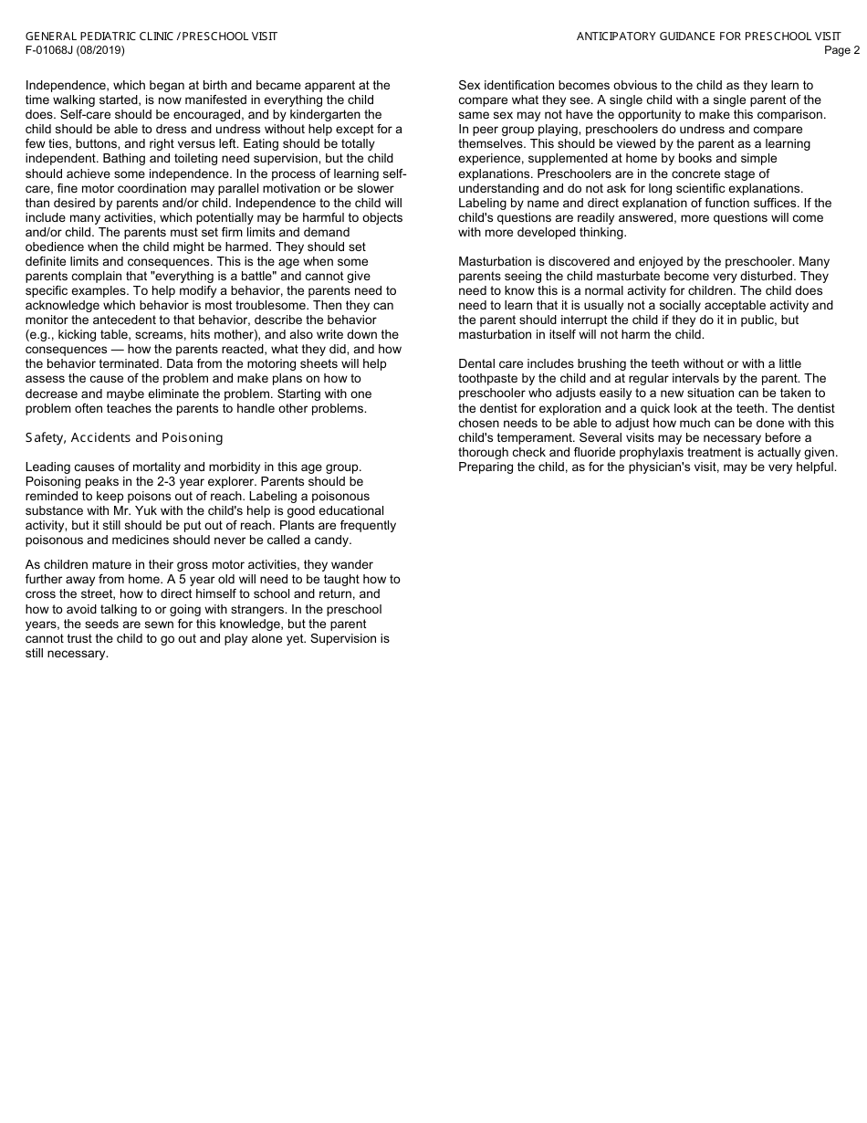 Form F-01068J General Pediatric Clinic / Preschool Visit - Wisconsin, Page 2