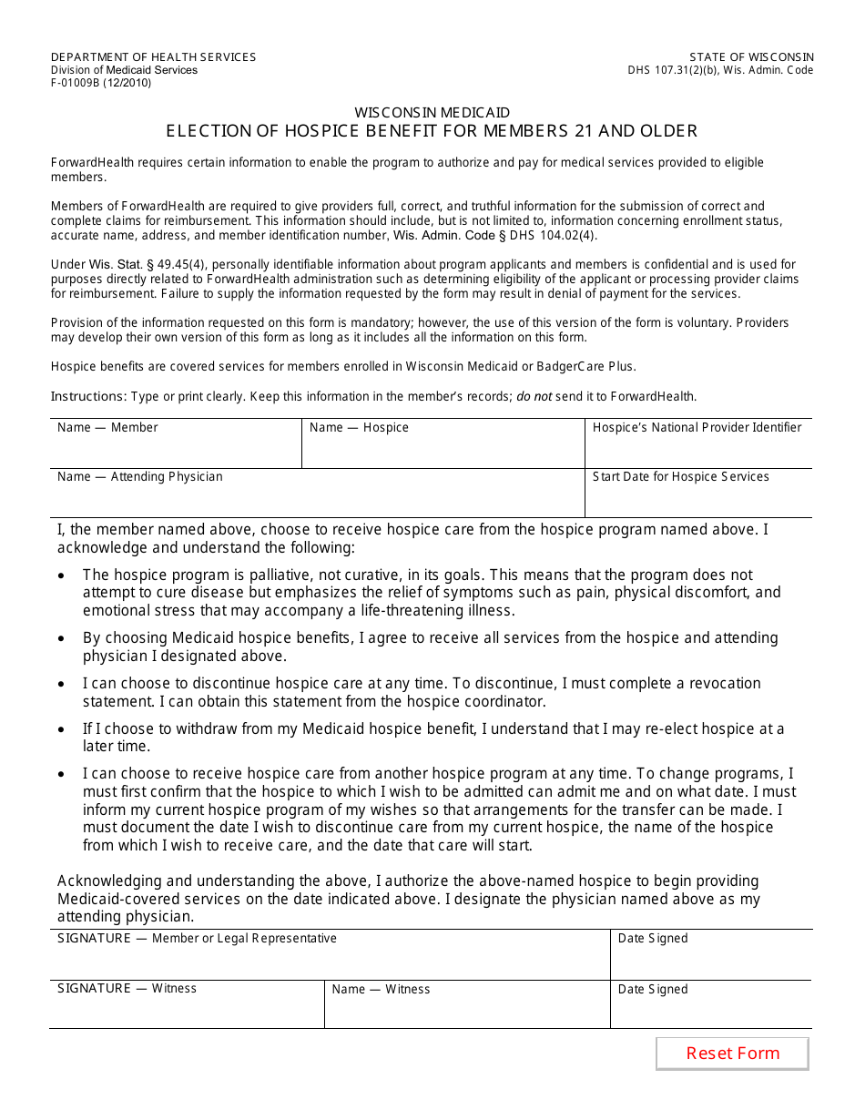 Form F-01009B Election of Hospice Benefit for Members 21 and Older - Wisconsin, Page 1