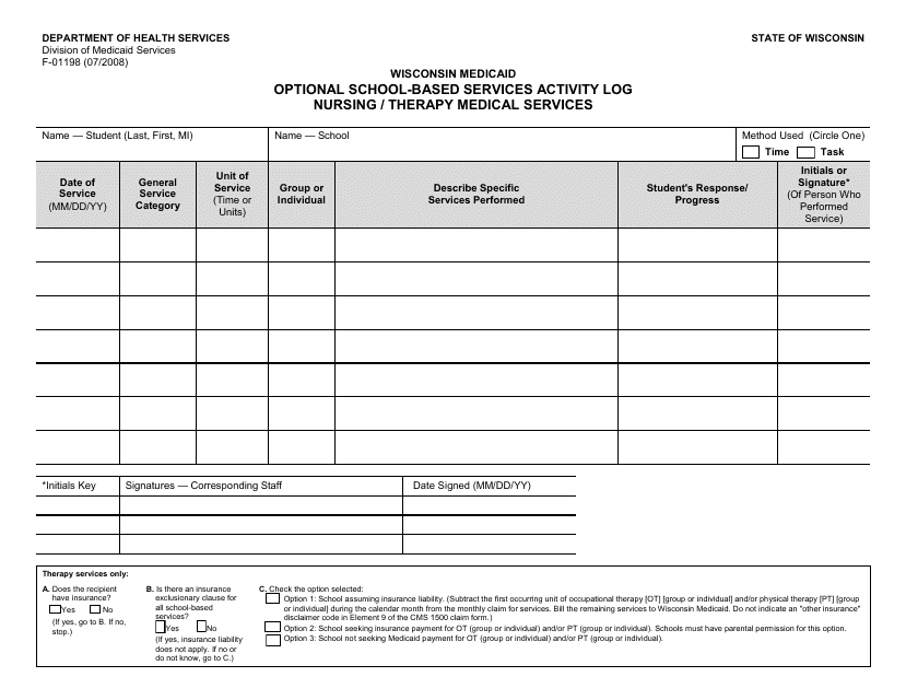 Form F-01198 Optional School-Based Services Activity Log Nursing/Therapy Medical Services - Wisconsin