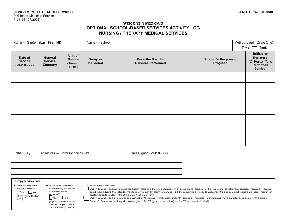 Form F-01198 Optional School-Based Services Activity Log Nursing / Therapy Medical Services - Wisconsin, Page 1
