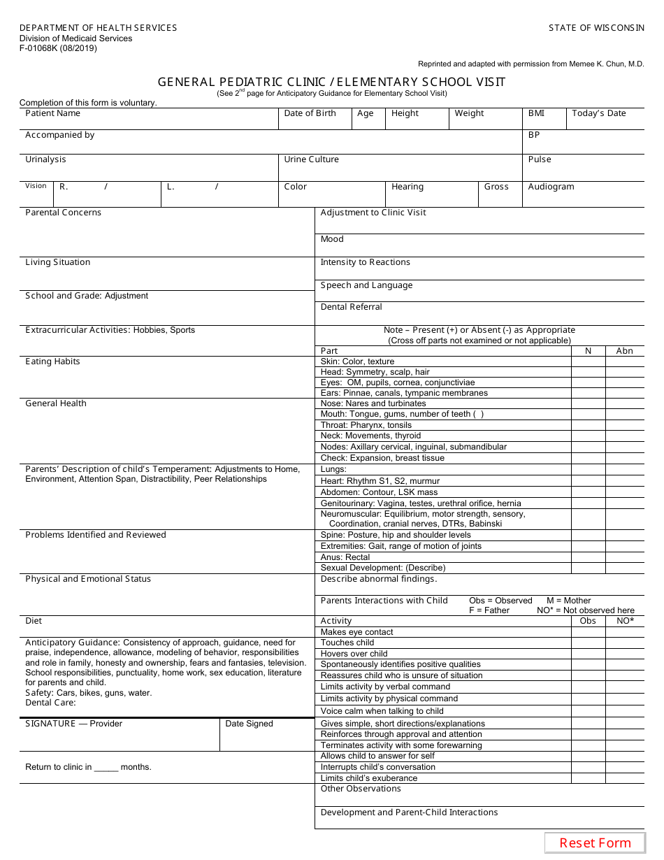 Form F-01068K General Pediatric Clinic / Elementary School Visit - Wisconsin, Page 1