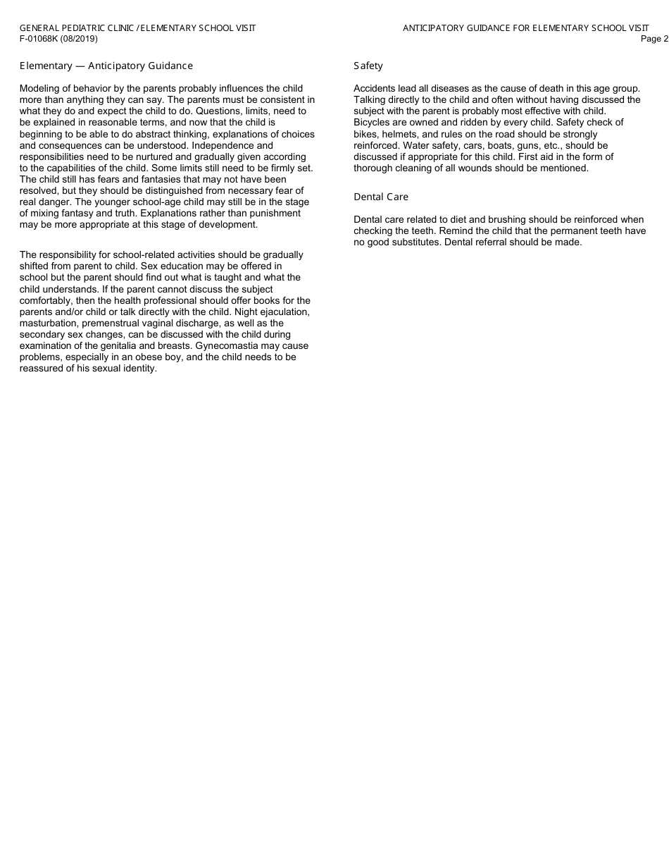 Form F-01068K General Pediatric Clinic / Elementary School Visit - Wisconsin, Page 2