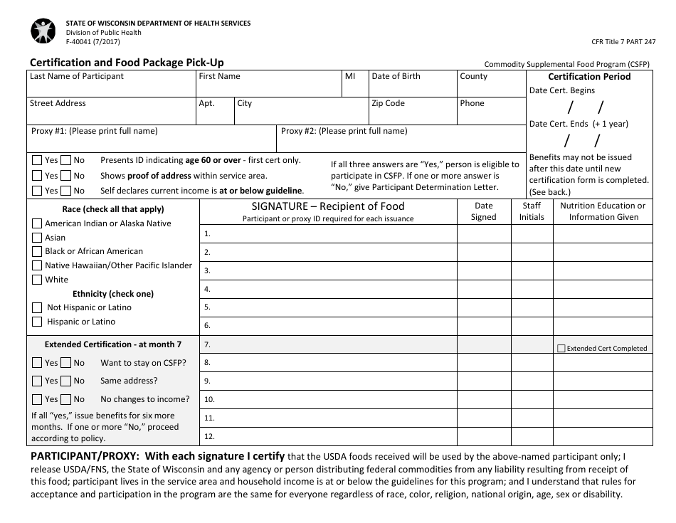 Form F-40041 Certification and Food Package Pick-Up - Wisconsin, Page 1