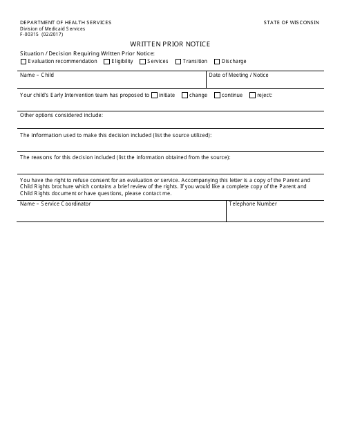 Form F-00315 Written Prior Notice - Wisconsin