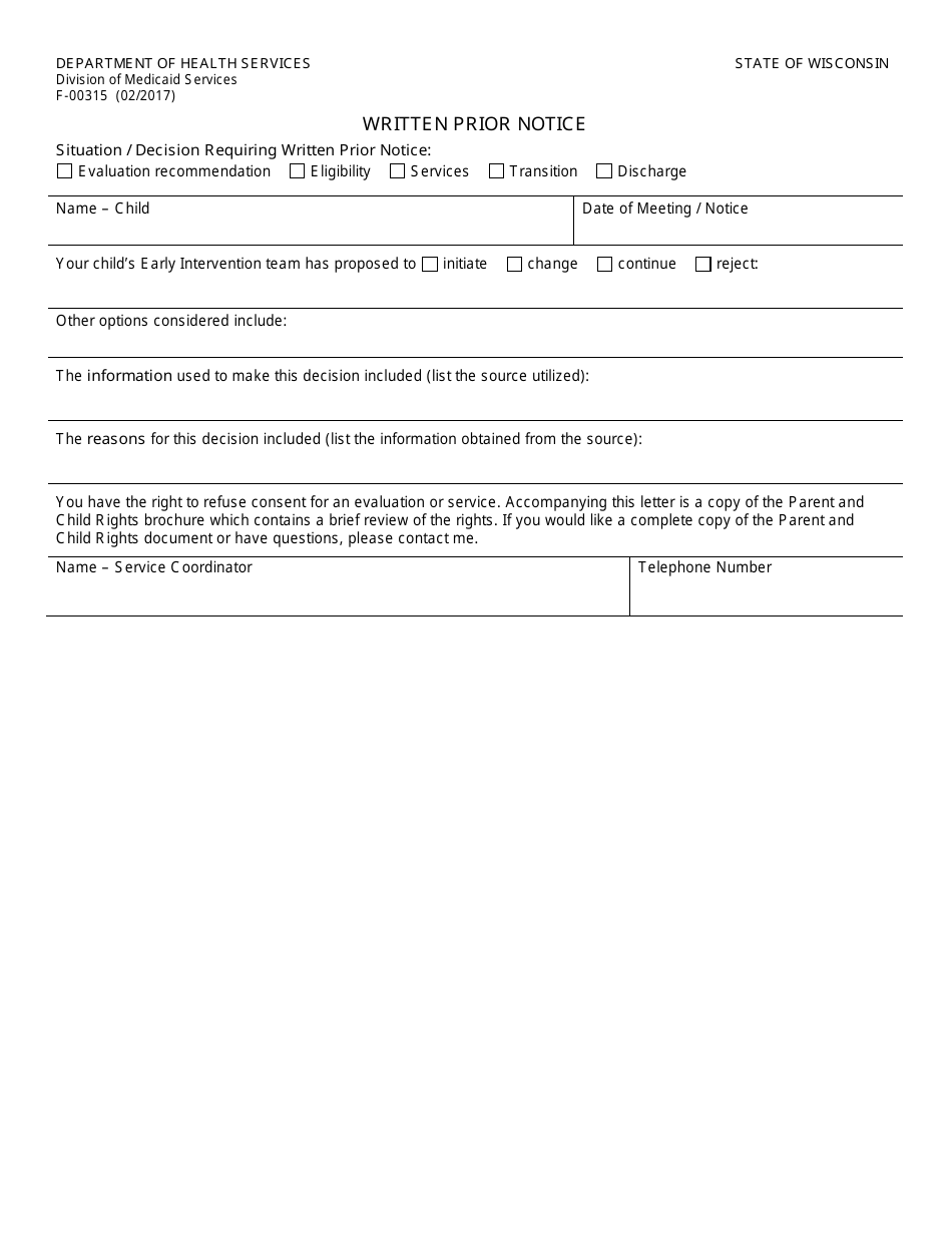 Form F-00315 Written Prior Notice - Wisconsin, Page 1