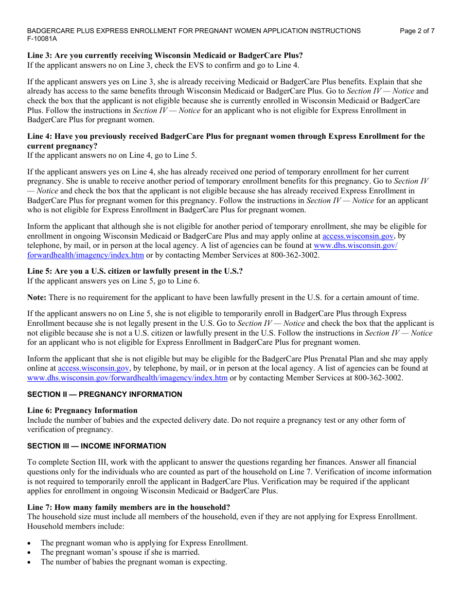 Instructions for Form F-10081 Badgercare Plus - Express Enrollment for Pregnant Women Application - Wisconsin, Page 2