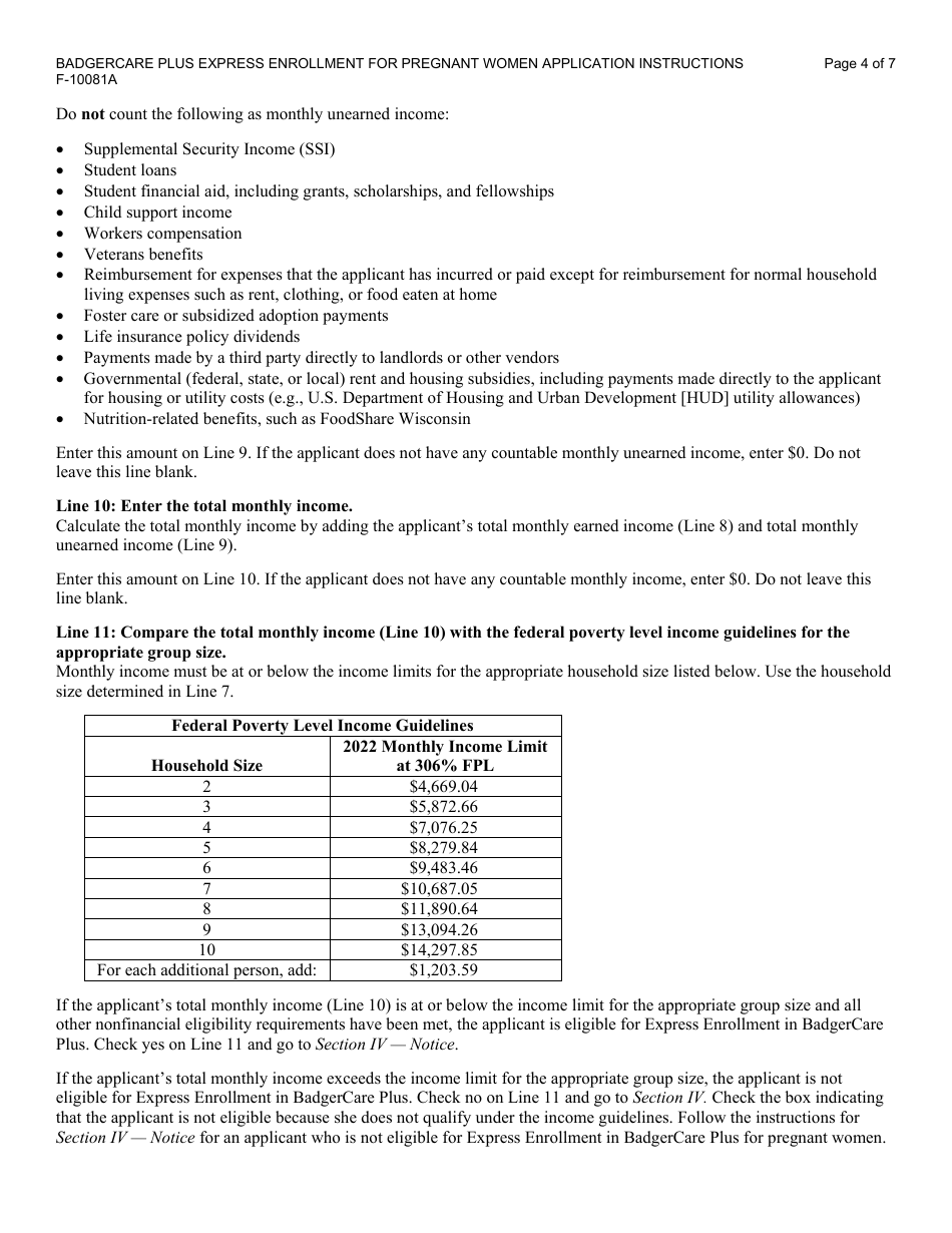 Instructions for Form F-10081 Badgercare Plus - Express Enrollment for Pregnant Women Application - Wisconsin, Page 4