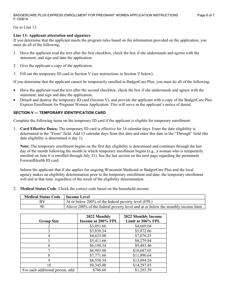 Instructions for Form F-10081 Badgercare Plus - Express Enrollment for Pregnant Women Application - Wisconsin, Page 6