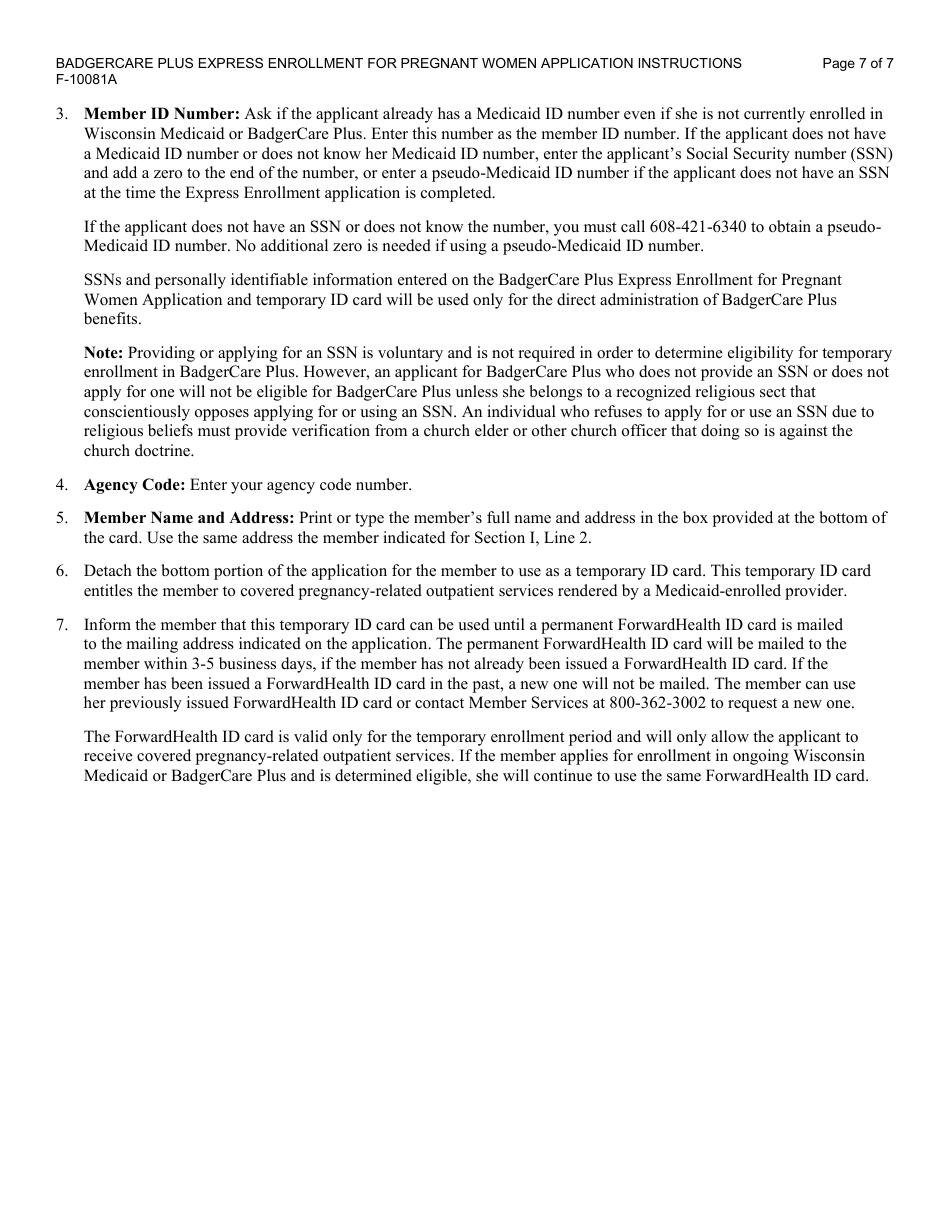 Instructions for Form F-10081 Badgercare Plus - Express Enrollment for Pregnant Women Application - Wisconsin, Page 7