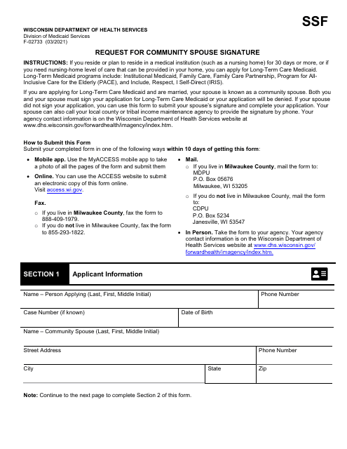 Form F-02733 Request for Community Spouse Signature - Wisconsin