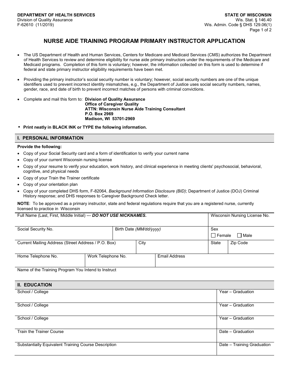 Form F-62610 Nurse Aide Training Program Primary Instructor Application - Wisconsin, Page 1