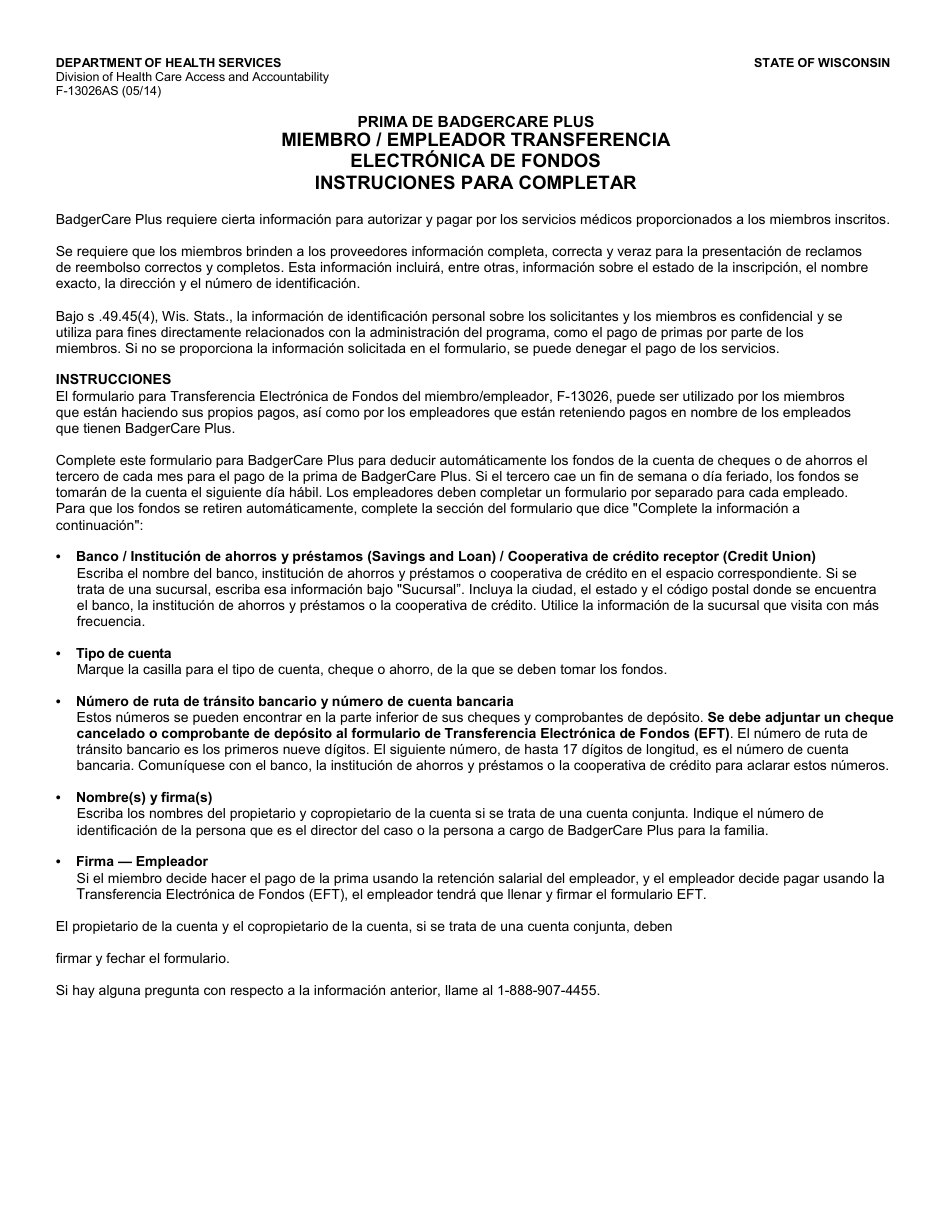 Formulario F-13026 Prima De Badgercare Plus Miembro / Empleador Transferencia Electronica De Fondos - Wisconsin (Spanish), Page 1
