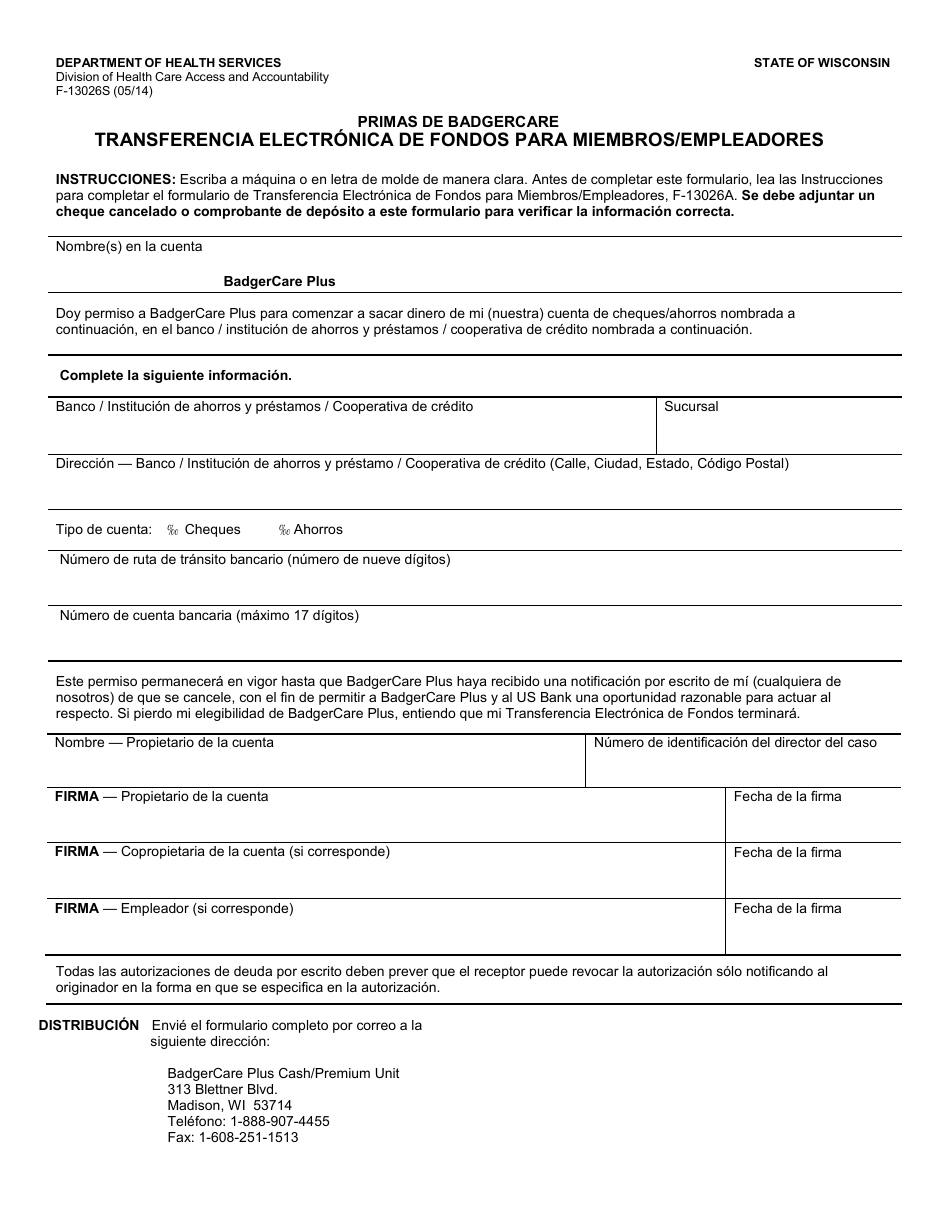 Formulario F-13026 Prima De Badgercare Plus Miembro / Empleador Transferencia Electronica De Fondos - Wisconsin (Spanish), Page 2