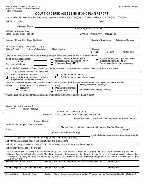 Form F-20934 Court Ordered Assessment and Plan Report - Wisconsin