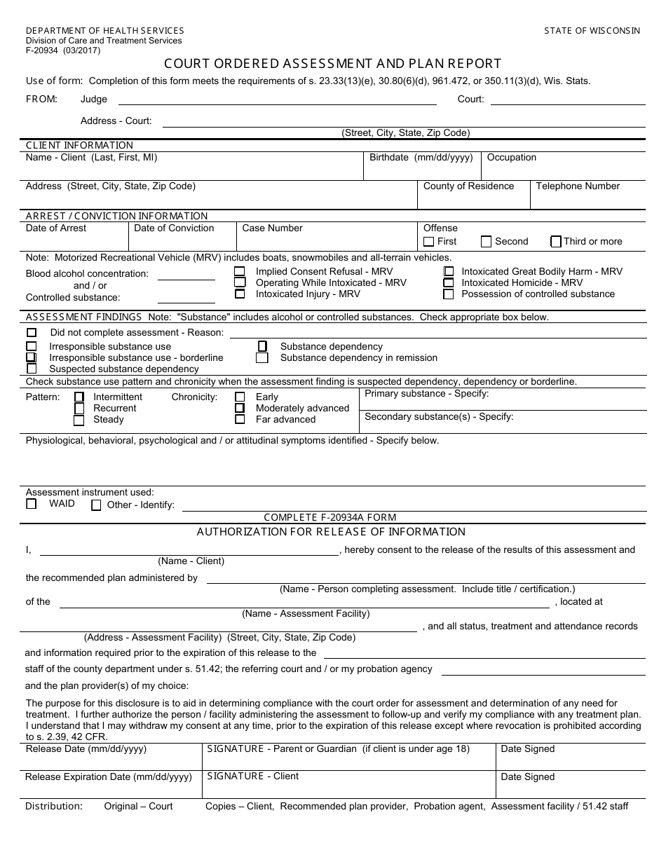 Form F-20934 Court Ordered Assessment and Plan Report - Wisconsin, Page 1