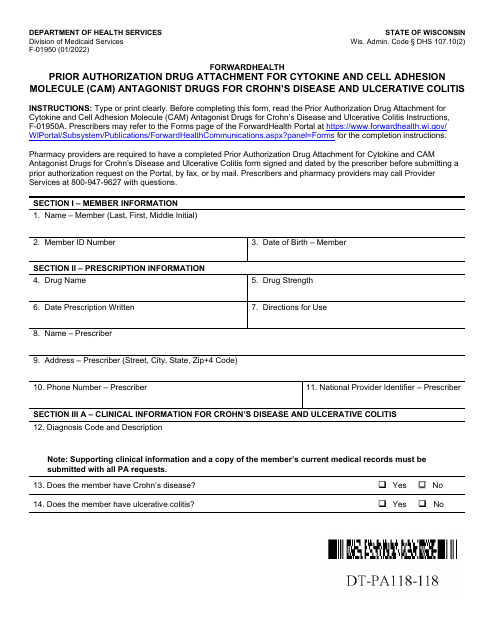 Form F-01950 Prior Authorization Drug Attachment for Cytokine and Cell Adhesion Molecule (Cam) Antagonist Drugs for Crohn's Disease and Ulcerative Colitis - Wisconsin