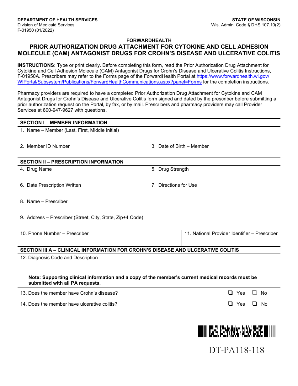 Form F-01950 Prior Authorization Drug Attachment for Cytokine and Cell Adhesion Molecule (Cam) Antagonist Drugs for Crohns Disease and Ulcerative Colitis - Wisconsin, Page 1
